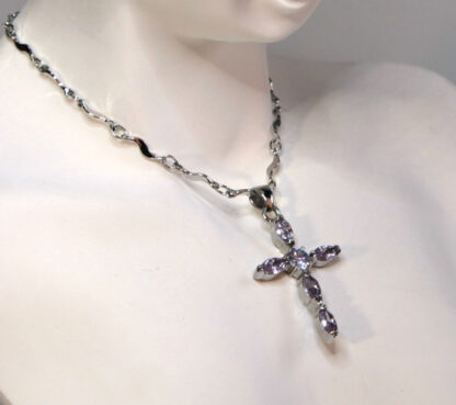 Cookie Lee Silver Tone and Violet Stone Cross Necklace - Image 2