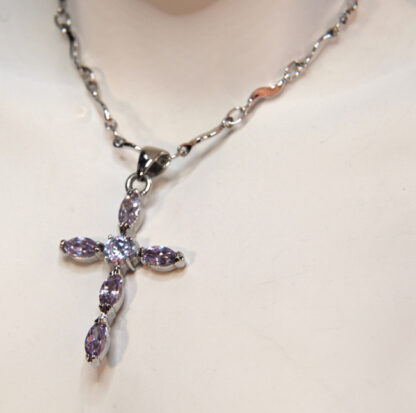 Cookie Lee Silver Tone and Violet Stone Cross Necklace - Image 3