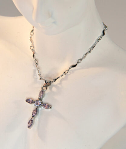 Cookie Lee Silver Tone and Violet Stone Cross Necklace - Image 4