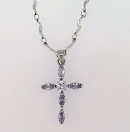 Cookie Lee Silver Tone and Violet Stone Cross Necklace - Image 6