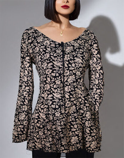 Lucca Black and Beige Floral Design Long Sleeve Top Medium