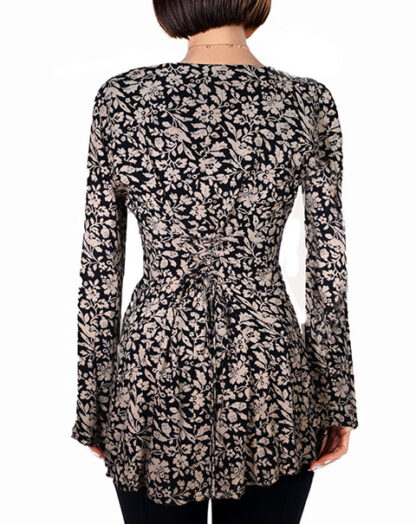 Lucca Black and Beige Floral Design Long Sleeve Top Medium - Image 2