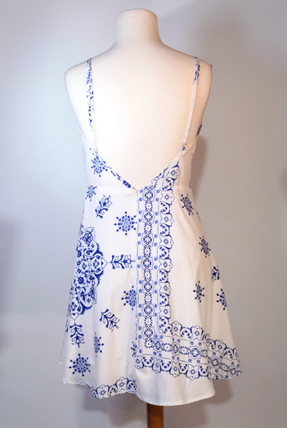 Moroccan Style White and Blue Print Strap Dress Size 6 - Image 2